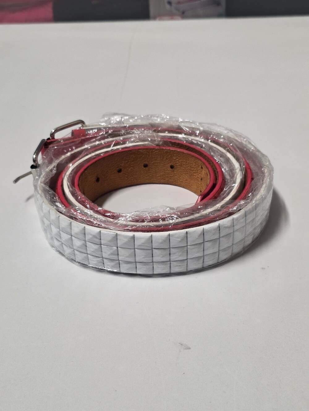 Men's Studded Belts (2x) 1 White - 1 Red Size 34-36 Width Adjustable Buckle